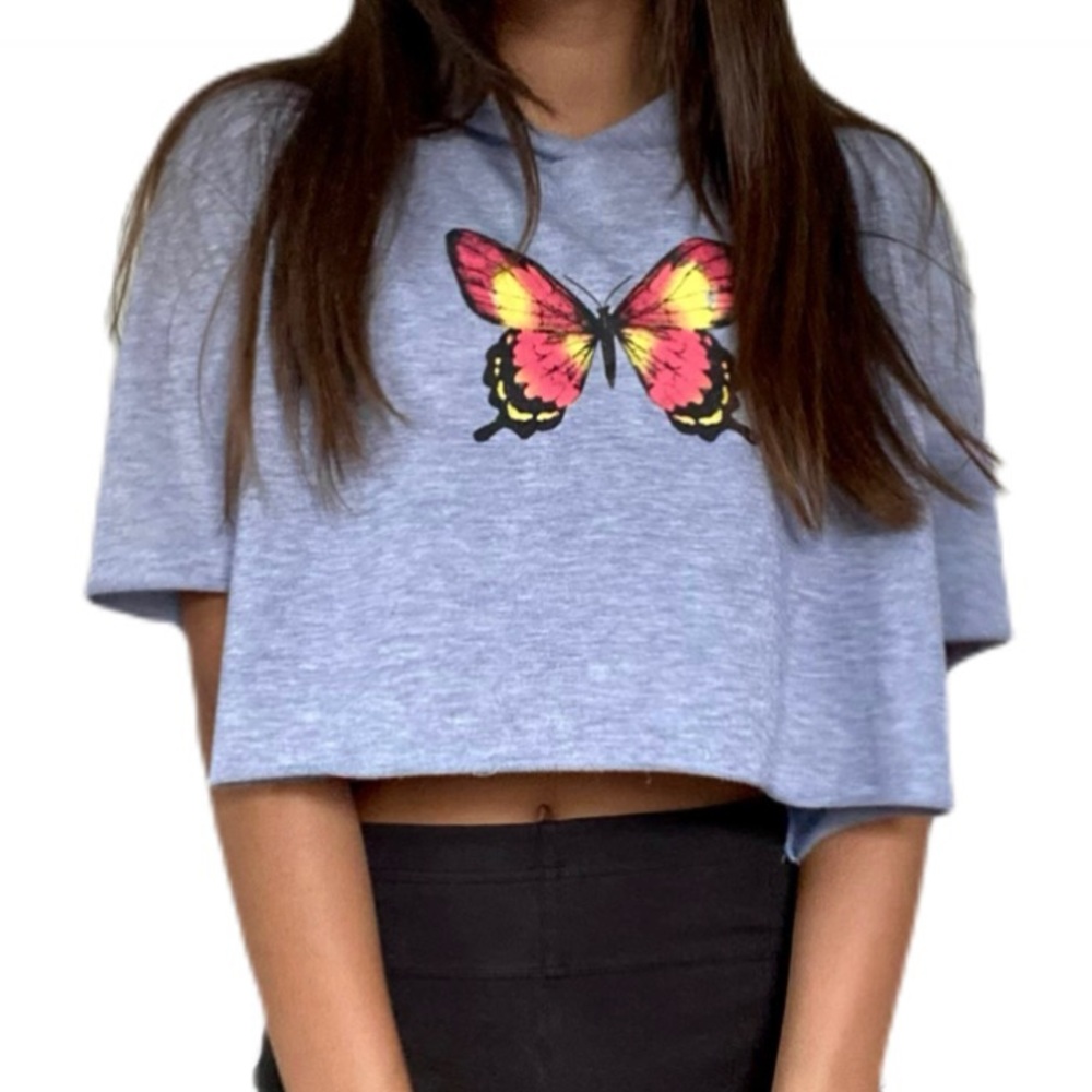 Grey Short-Sleeved, Butterfly Design, Cropped Hoodie